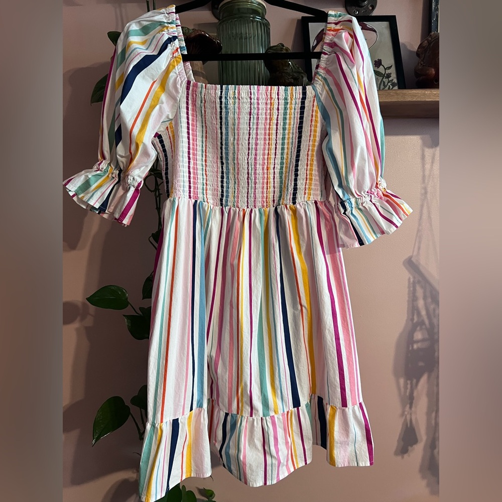Eloquii Multicolor Striped Smocked Puff-Sleeve Dress